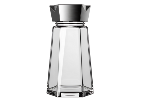 A modern, clear glass condiment dispenser with a polished, metallic top showcases a sleek, geometric design.