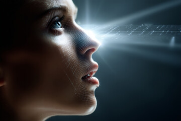 AI dashboard activation with voice control and facial recognition in a futuristic setting.
