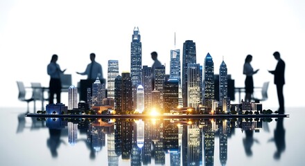 Cityscape with business people meeting in front of illuminated skyscrapers at night