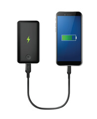 3d realistic vector mockup set. White power bank charging smartphone illustration