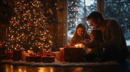 Fototapeta premium Family Christmas tree and gifts – created with AI