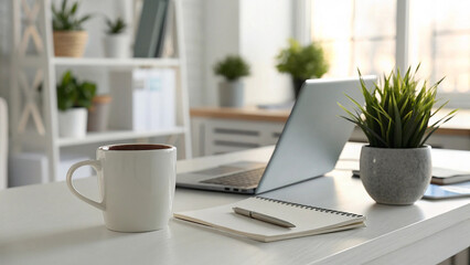 Modern workspace with coffee mug laptop notepad and plant on white desk