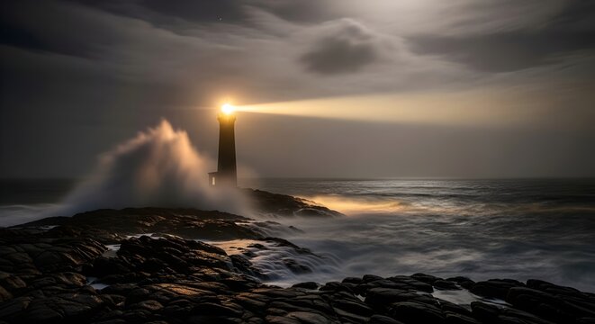 A Lighthouse Shining a Beacon of Hope, a Metaphor for Guidance and Safety in a Stormy Sea
