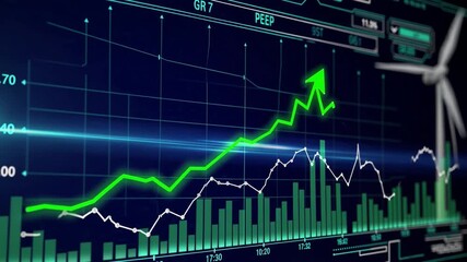 Green energy surge drives wind turbine stock market growth with financial chart analysis, renewable investment technology, sustainability progress - Powered by Adobe