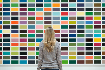 Woman contemplating colorful art installation, exploring design and color palette options for...