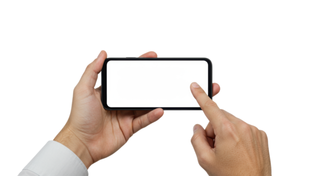 Two clean adult hands hold a sleek black smartphone horizontally, finger poised over its bright blank white screen, on a transparent studio background with soft light, concept of technological