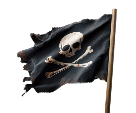 A weathered pirate flag featuring a skull and crossbones design, symbolizing adventure and the spirit of the sea., transparent png