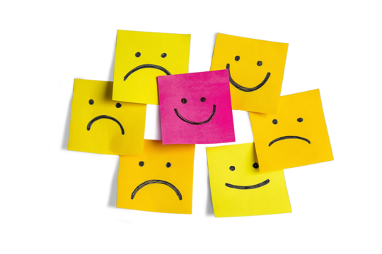 Happy and sad smiley faces on sticky notes isolated on transparent or white background, png