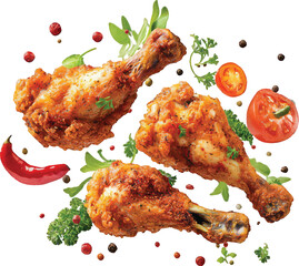 Three Crispy Fried Chicken Drumsticks with Spices and Vegetables on White Background breaded