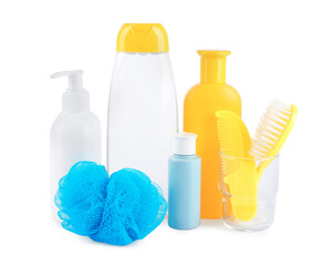 Many different baby bathroom necessities isolated on white