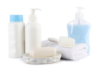 Many different baby bathroom necessities isolated on white
