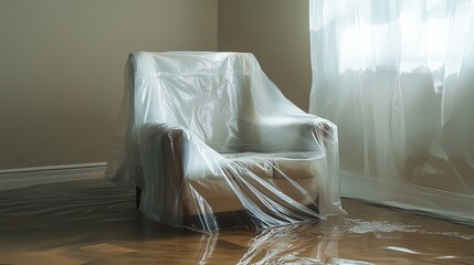 Plastic sheeting covering furniture during indoor water seepage