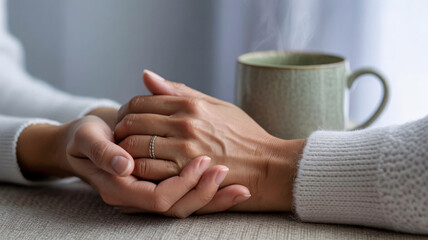 Woman's comforting hands clasped together next to warm drink, promoting wellness and care