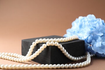 Promotion. Pearl jewelry, podium and hydrangea flowers on brown background, closeup