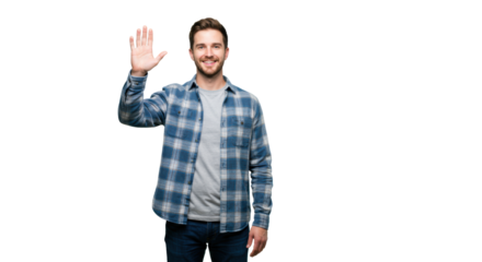 Young caucasian man in blue plaid shirt, clean-shaven, smiling, waving friendly in bright studio with transparent background, generous copy space, welcoming trust concept