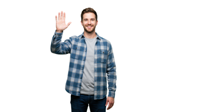 Young caucasian man in blue plaid shirt, clean-shaven, smiling, waving friendly in bright studio with transparent background, generous copy space, welcoming trust concept - Powered by Adobe