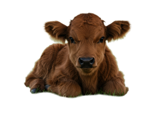 A young, gentle calf with soft, fluffy brown fur and large innocent eyes, lying peacefully on a lush green pasture bathed in golden hour light with bokeh, concept of natural growth and new beginnings