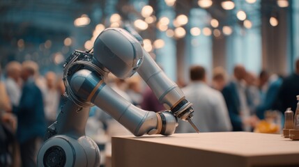 Medium shot of a compact robot tightening screws on foldable tables for conference events with soft focus on busy event environment behind