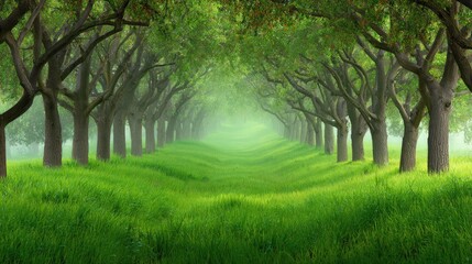 Naklejka premium Lush green trees in a row line a grassy field.
