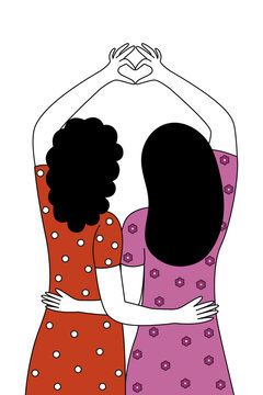 Minimalist illustration of two women standing together, hugging from behind and forming a heart shape with their hands, symbolizing lesbian love, unity, support, and pride.