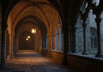 Fototapeta premium An atmospheric gothic cathedral interior with stone arches, columns, and soft lighting, creating a sense of history and mystery