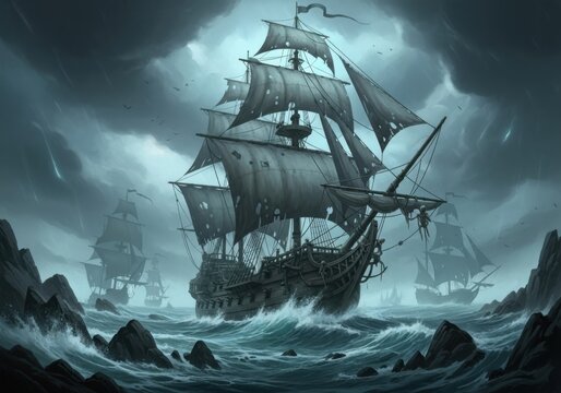 A dramatic pirate ship sails through a stormy sea, with dark clouds and lightning adding to the intensity of the scene