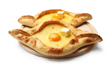 Tasty khachapuri with cheese and egg isolated on white