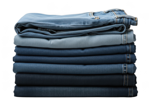 Stack of folded denim jeans isolated on transparent background