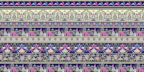 A mesmerizing vintage textile design evokes classic Indian folk art with detailed floral peacock