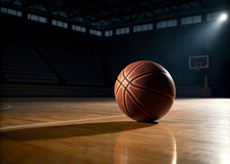 A basketball sits on a polished wooden court in a dimly lit arena, illuminated by a single spotlight, creating a dramatic and focused atmosphere for a game or practice session