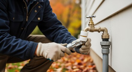 Technician applying frostproof upgrade to outdoor faucet during autumn showcasing preparation for winter weather and preventing costly pipe repairs.