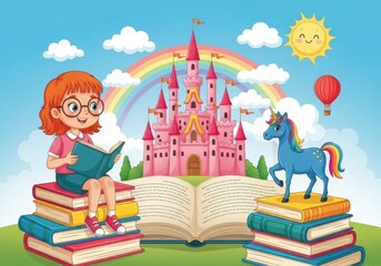 A girl reading a book with a castle, unicorn, rainbow, and sun in the background