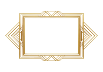 Symmetrical golden Art Deco frame with polished metallic geometric patterns and clear copy space on a transparent background, overhead studio shot, conveying luxury and prestige concept