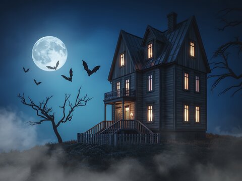 Spooky victorian haunted mansion on a hill under a full moon with bats flying - Powered by Adobe