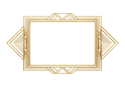 Symmetrical golden Art Deco frame with polished metallic geometric patterns and clear copy space on a transparent background, overhead studio shot, conveying luxury and prestige concept