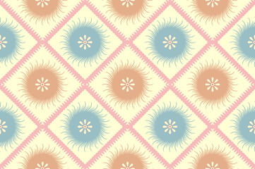 An elegant retro floral repeat pattern design in soft peach and blue with a gentle pastel palette