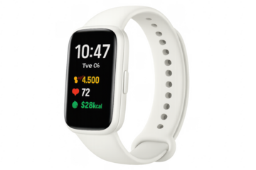 White smartwatch showing fitness tracking data on transparent background