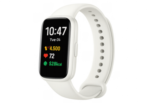White smartwatch showing fitness tracking data on transparent background