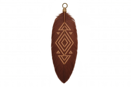 Brown feather with tribal pattern hanging from a thread, isolated on transparent background, ideal for boho or ethnic designs