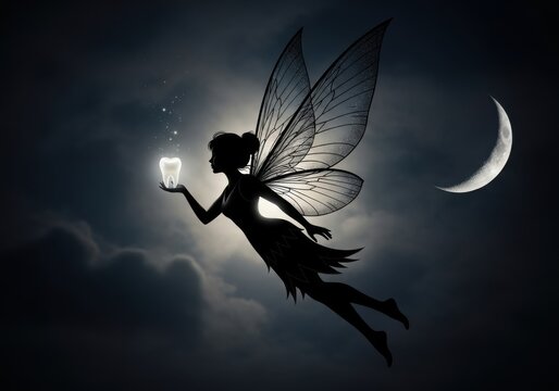 A silhouette of the tooth fairy flying in the night sky with a tooth and a crescent moon - Powered by Adobe