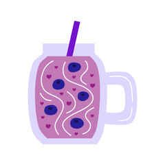 Cute hand drawn flat blueberry smoothie in glass mug with straw isolated on white background.