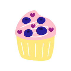 Cute hand drawn flat blueberry cupcake with whipped cream and berries isolated on white background.