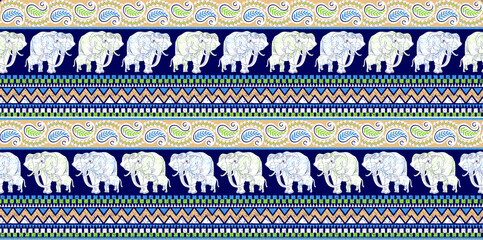An exotic Indian fabric motif featuring elephants and paisley designs with a rich color palette and