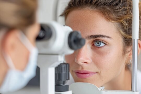 Optometrist examining patient's eyes with slit lamp biomicroscope - Powered by Adobe
