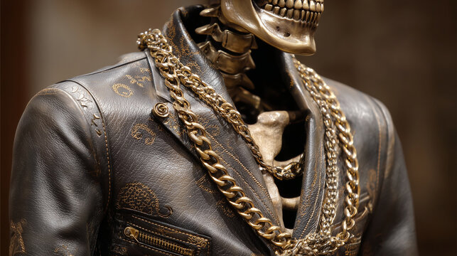 A skeleton wearing a stylish leather jacket with gold chains