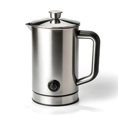 A stainless steel milk frother with a black handle and a lid on a white isolated background