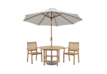 A light-colored wooden round patio dining set with two chairs and a gray fabric umbrella, isolated on a transparent studio background with copy space. Concept for modern outdoor living