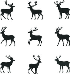 Collection of deer silhouette vectors with detailed antlers in different standing and walking poses. Perfect for wildlife, hunting, forest, and nature themed designs and illustrations.