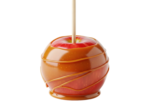 Close-up view of a caramel-coated , showcasing the smooth, rich caramel and the vibrant red  inside, with a wooden stick inserted for easy handling.
