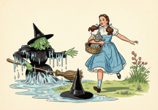 Dorothy running from the wicked witch of the west in a vintage illustration from the wizard of oz